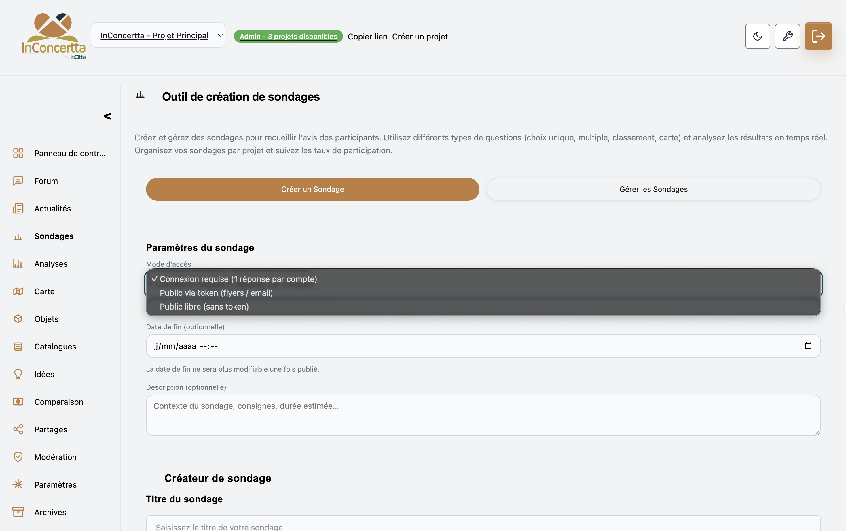 InConcertta — création et paramétrage d’un sondage