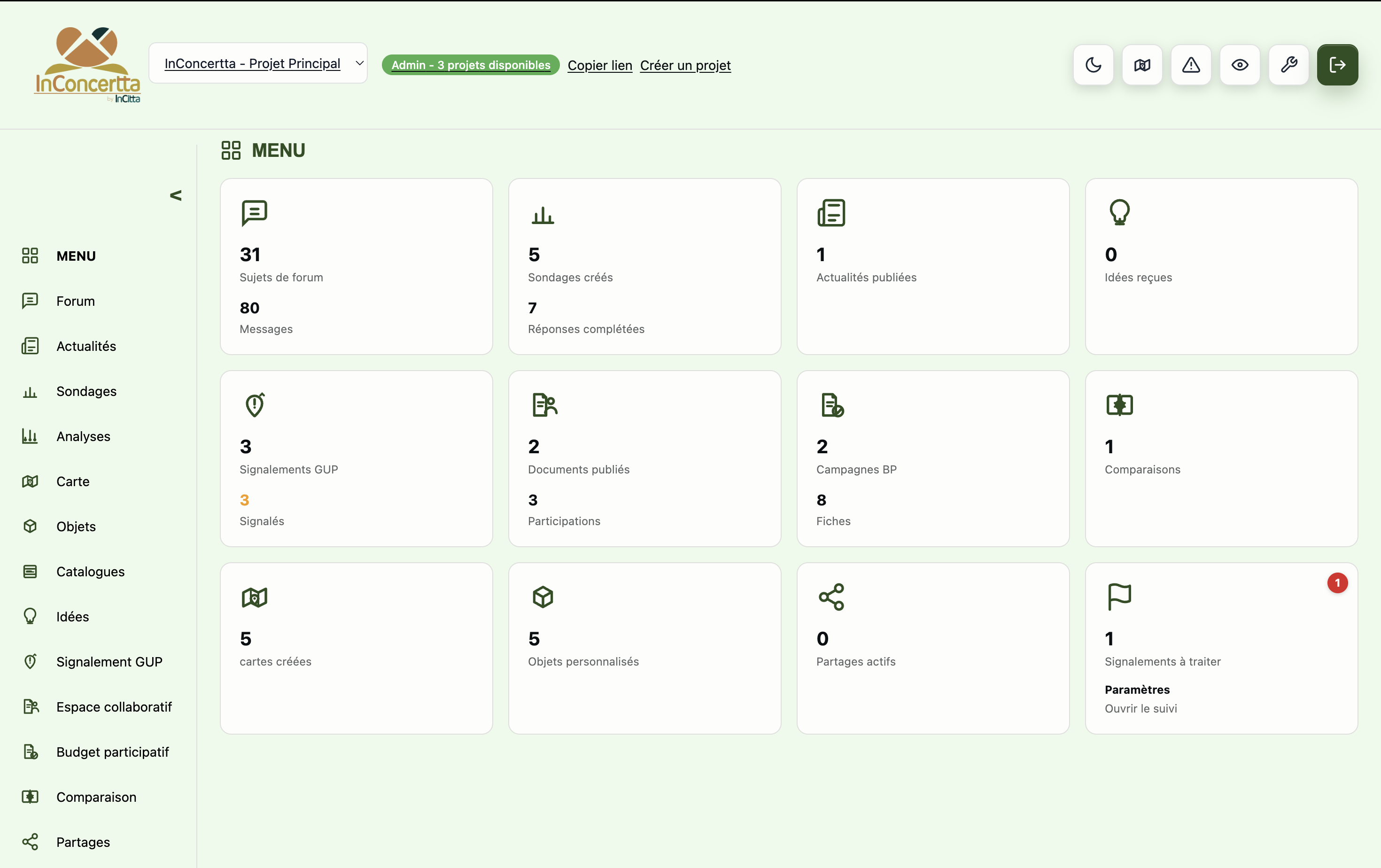 InConcertta — personnalisation du thème, espace de gestion